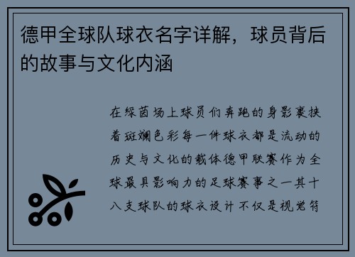 德甲全球队球衣名字详解，球员背后的故事与文化内涵